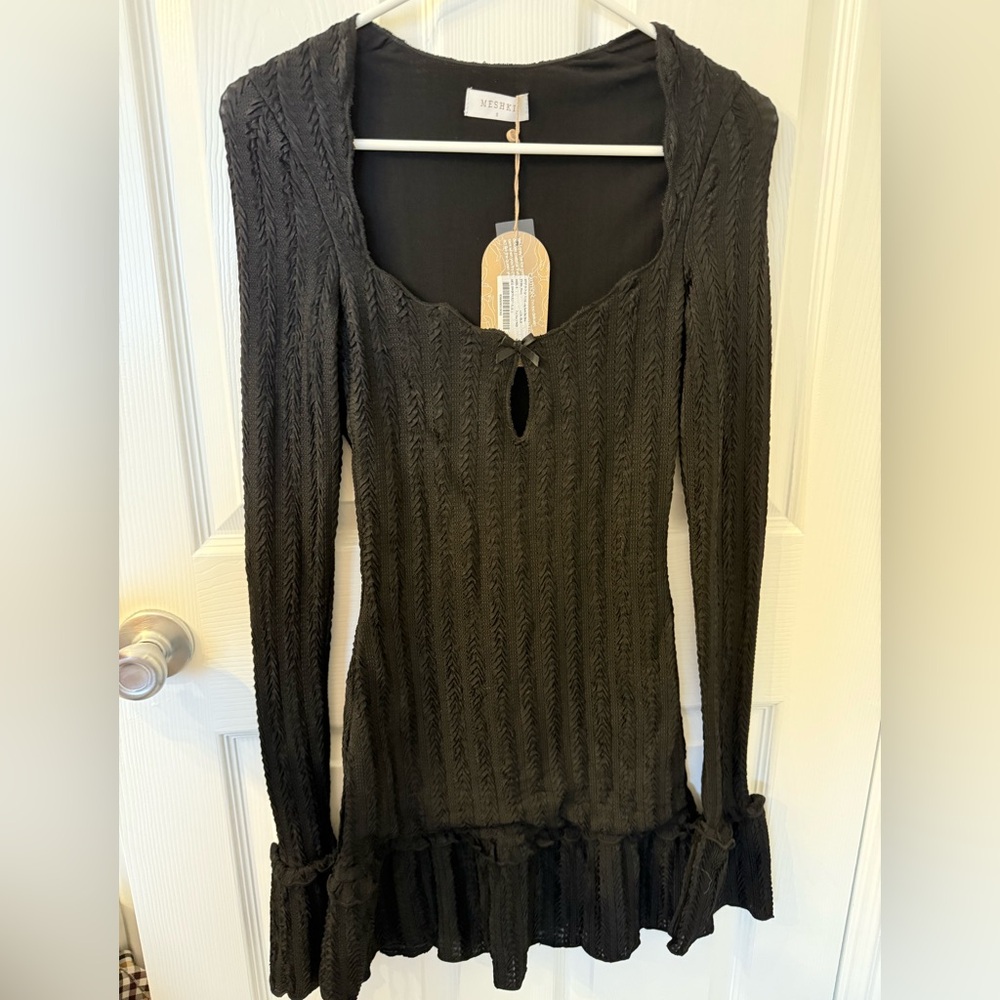 NWT Meshki Daphne Pointelle Black Long Sleeve Dress with Keyhole Detail - Picture 6 of 6